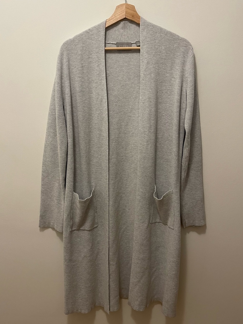 Light Gray Waffle Knit Open-Front Long Cardigan